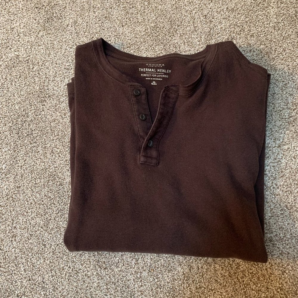 MENS SONOMA BROWN LONG SLEEVE HENLEY WITH BUTTONS SIZE XLT  #407